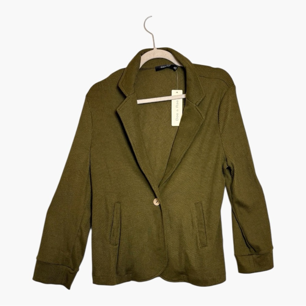 Doe & Rae Olive Green Ribbed Knit Blazer Jacket Classic Preppy Layer Medium
